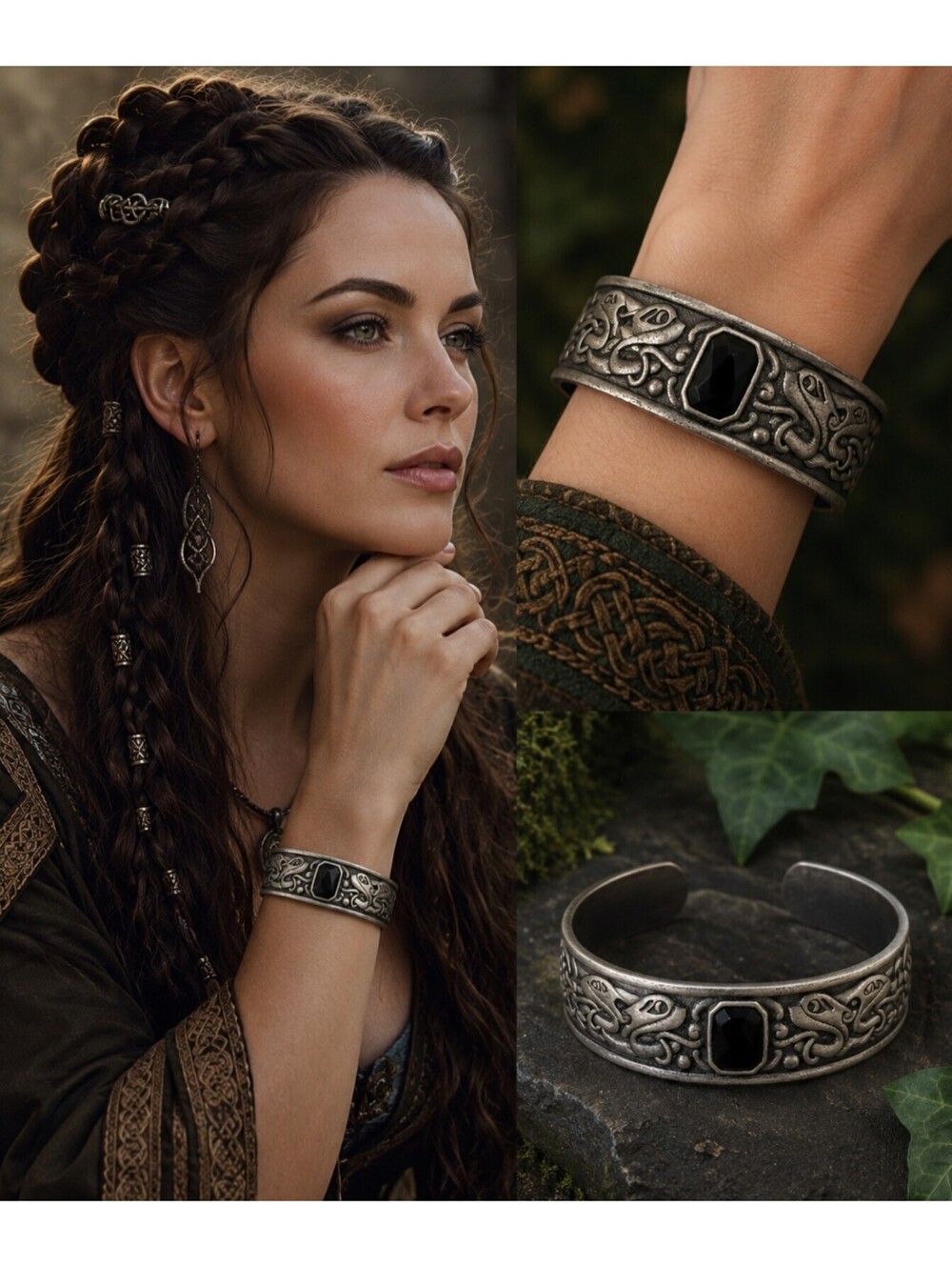 Vtg Pewter Celtic Serpent Snake Cuff Bracelet Black Glass Cabochon Gothic Viking